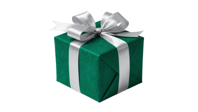 Square gift box wrapped in dark green paper with a shiny silver ribbon bow