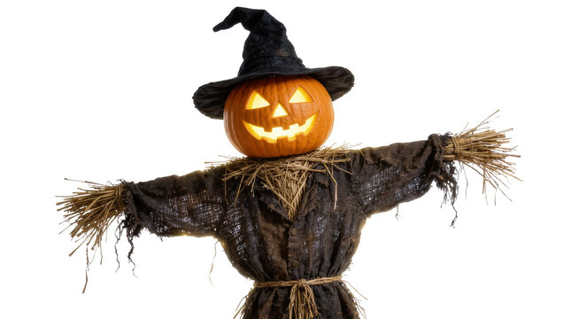 Scarecrow with glowing carved jack-o-lantern pumpkin head and black witch hat