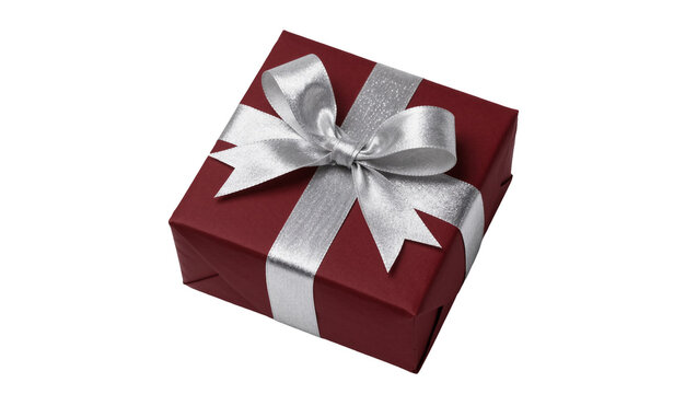 Square burgundy gift box with a shiny silver ribbon and decorative bow