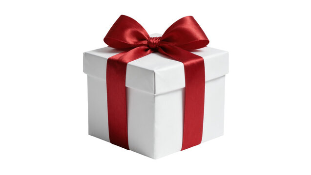 White square gift box with a shiny red satin ribbon bow on top