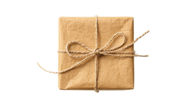 Square gift box wrapped in brown craft paper tied with natural jute twine bow
