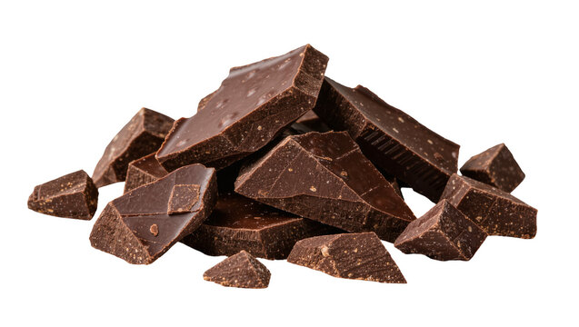 Broken pieces of dark chocolate chunks stacked in a pile