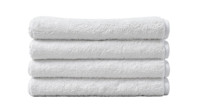 Stacked folded white cotton bath towels with soft terry cloth texture