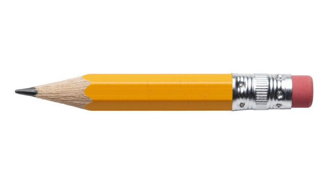 Sharpened yellow wooden pencil with pink rubber eraser and metal ferrule