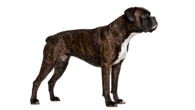 Brindle boxer dog standing in profile with white chest patch