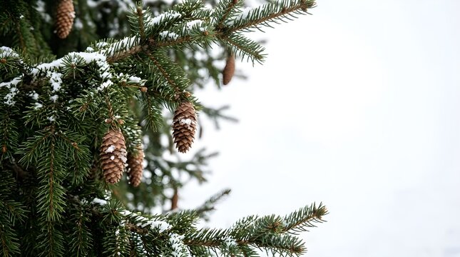 A peaceful winter landscape showcases evergreen tree branches beautifully coated in a layer of fresh white snow under a bright overcast sky