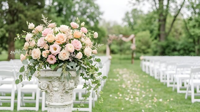 Beautifully arranged elegant outdoor wedding ceremony with abundant lush floral decorations and pristine white chairs set along a lovely green grassy garden
