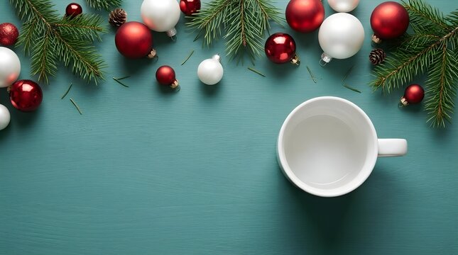 A beautifully festive winter scene features a delicate white teacup nestled among vibrant christmas ornaments and lush evergreen branches on a teal