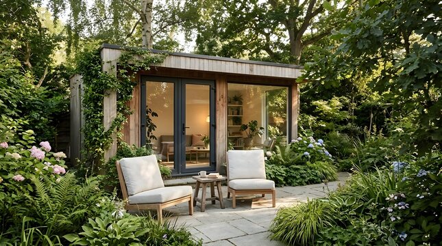 A private contemporary garden room is nestled within vibrant green plants providing a serene space for peaceful moments of rest and quiet