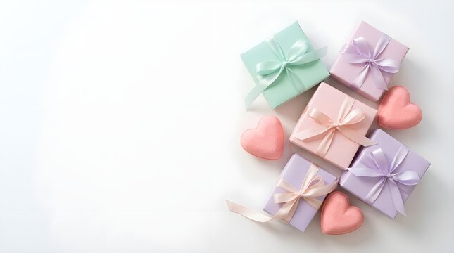 A lovely collection of exquisitely wrapped presents adorned with delicate pastel colored ribbons and charming heart shaped gift tags on a clean