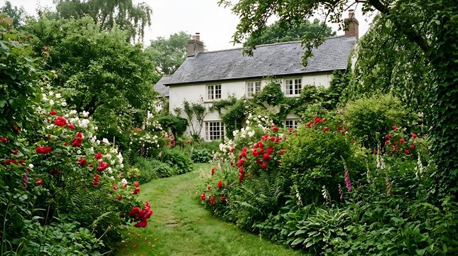 A delightful english cottage garden scene features colorful vibrant flowers and abundant lush green plants framed by a lovely stone archway
