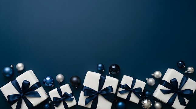 Beautifully wrapped christmas gifts tied with a dark blue ribbon and festive ornaments displayed on a rich deep navy background for holiday