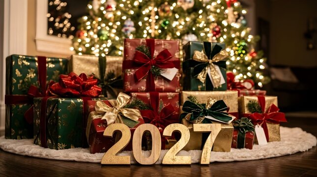 A beautifully decorated christmas tree surrounded by many brightly colored wrapped gifts creates a festive new year celebration and joyful atmosphere