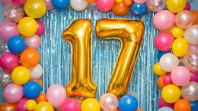 A radiant golden number seventeen balloon is the focal point amid a vibrant array of colorful balloons and a shimmering tinsel curtain