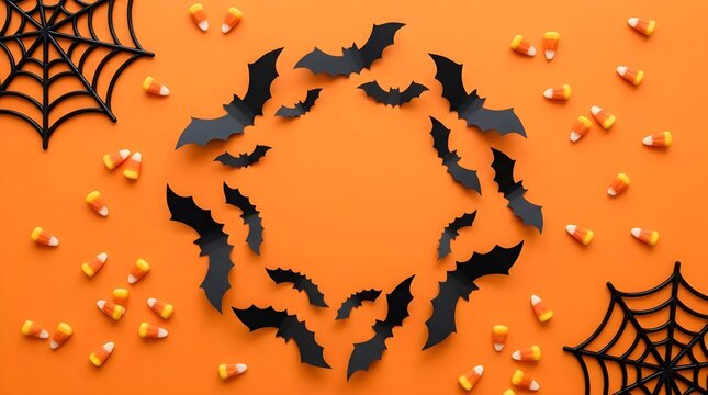 A delightful halloween scene featuring paper bats scattered with colorful candy corn and delicate spiderwebs against a bright orange backdrop