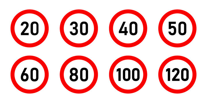 Speed limit sign icon set with maximum speed and traffic restriction symbols. Road safety signage for driving regulations, vehicle speed control in red circular style.