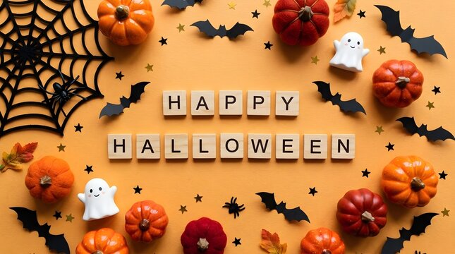 A delightful halloween flat lay arrangement featuring pumpkins adorable ghosts spooky bats and wooden block letters that spell happy halloween