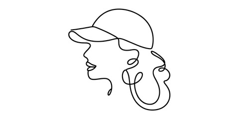 Continuous single line drawing of a woman wearing a baseball cap profile portrait © PULOK
