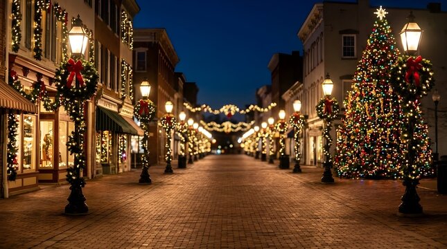 A gorgeous nighttime view of a charming european street decorated for the winter holidays with bright festive lights and ornaments
