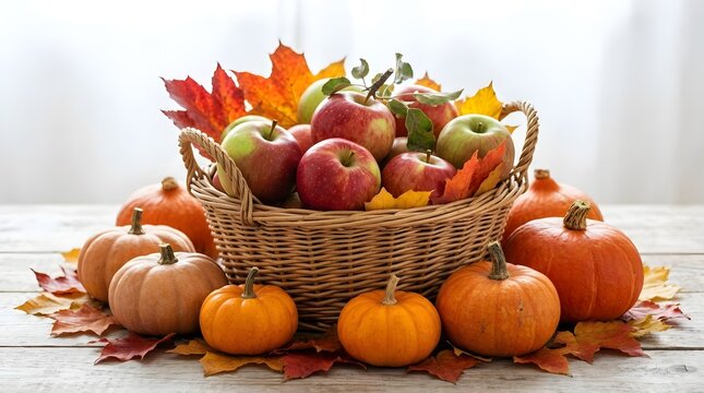 A beautiful and bountiful autumn harvest overflowing with ripe pumpkins crisp red apples and vibrant colorful fall foliage arranged in a rustic