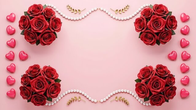 Red rose bouquets, pearl strings and pink heart shapes on pink background
