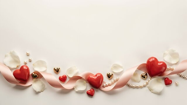 Red hearts, white petals and pink ribbon border on cream background