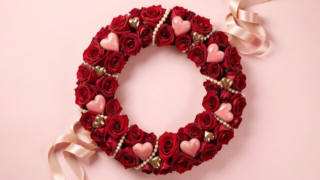 Red rose wreath with pink and gold hearts and pearl strands on pink