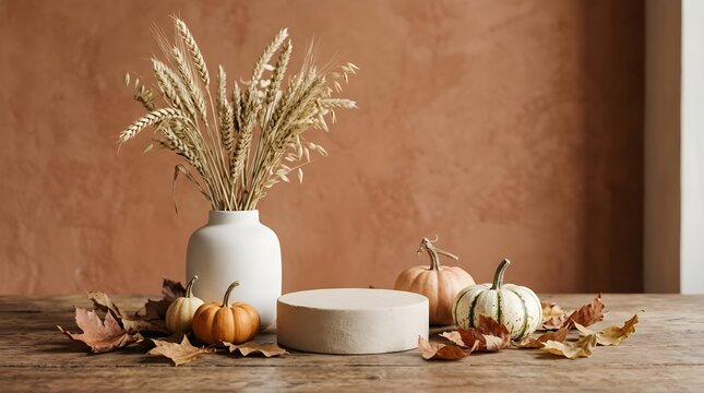 A beautiful warm autumn still life arrangement with pumpkins dried flowers and a cozy neutral color scheme perfect for fall seasonal home