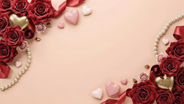 Red roses, gold hearts and pearl strands on a pale pink background