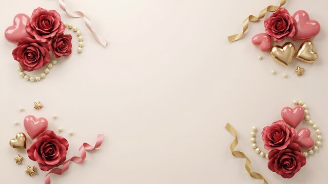 Red roses, pink hearts and gold ribbons on a beige background