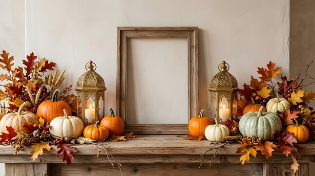 A beautifully styled autumn mantelpiece featuring pumpkins colorful fall foliage and an ornate gilded frame offering seasonal home decorating ideas