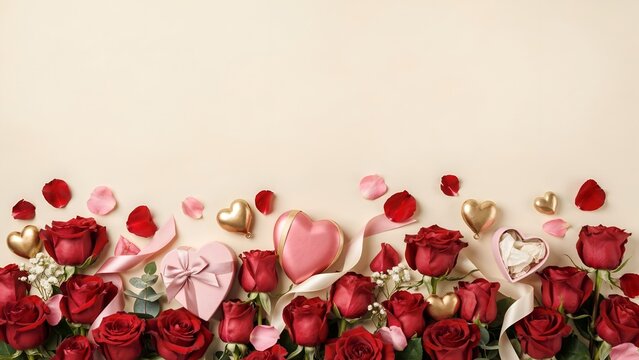 Red roses, pink heart gift boxes and petals on a beige background