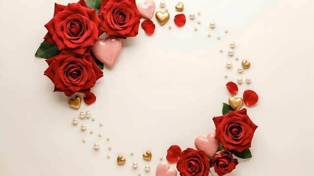 Red roses, pink hearts and white pearls arranged in a circular frame