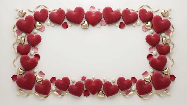 Red velvet heart frame with gold ribbons and pearls on white background