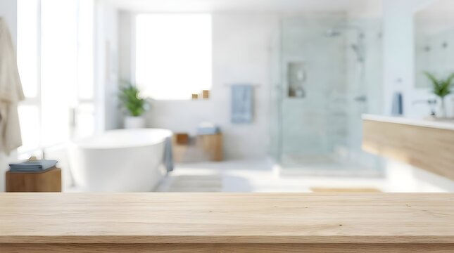 A bright and airy modern bathroom interior features a glass enclosed shower a white soaking bathtub and a light toned wood vanity