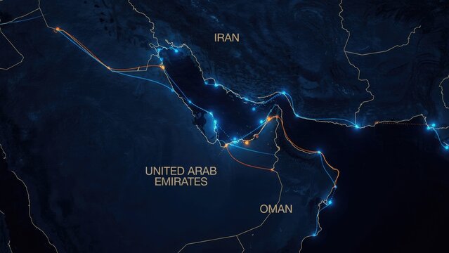Digital map of the persian gulf region with glowing data network lines and nodes