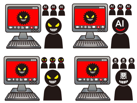 パソコンをハッキングするハッカーのイラスト素材セット