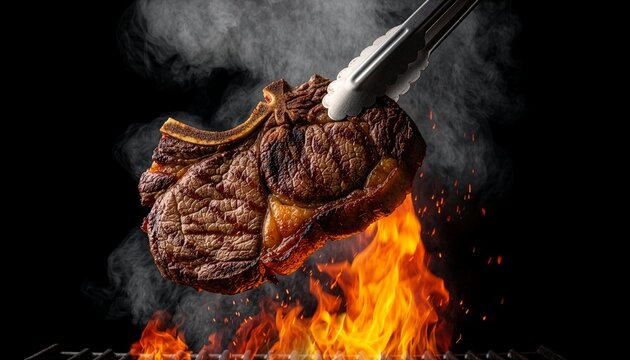 A large bone-in ribeye beef steak held by metal tongs over an intense barbecue grill fire with bright orange flames and thick smoke, isolated on a dramatic dark background.
