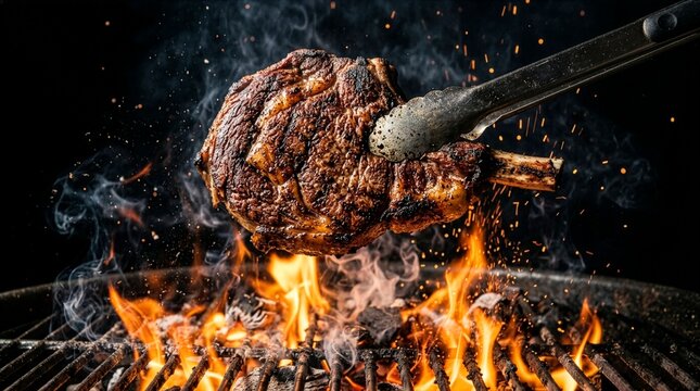 A premium tomahawk beef steak held by metal tongs over an active charcoal grill with blazing fire flames, flying sparks, and smoke swirls, isolated on a dramatic dark background.