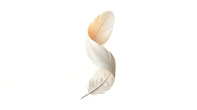 A sophisticated minimalist fantasy illustration of a singular pearl-white feather forming an elegant flowing S-shaped sanctuary of nature, its seamless rounded vanes curving gently around a refined ce