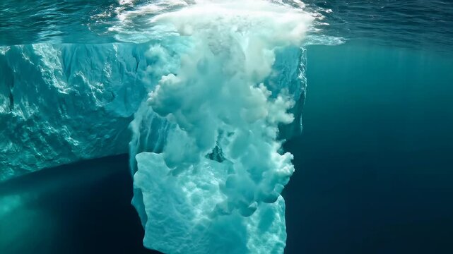 Underwater view of massive iceberg floating in deep blue ocean water with sunlight filtering from above