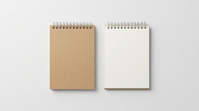 Top view of closed kraft cover and open blank page spiral notepad notebooks mockups