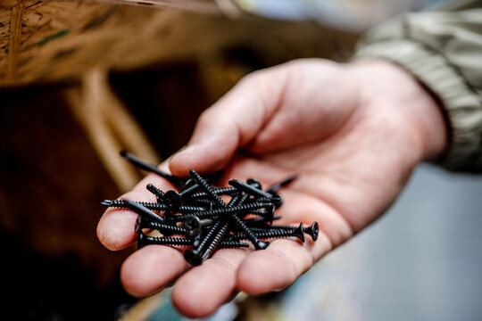Hand holding many black screws indoors daylight