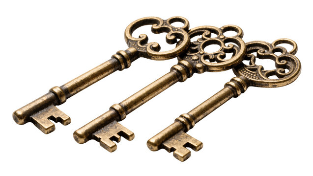 Three ornate vintage brass skeleton keys with intricate bow designs