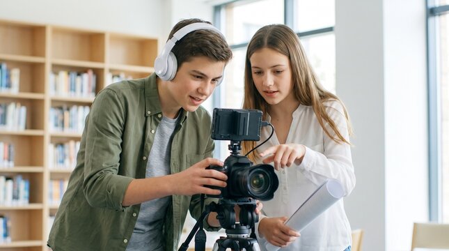 Two teenagers, a boy wearing headphones and a girl, are focused on operating a video camera on a tripod in a library or study hall, surrounded by bookshelves.