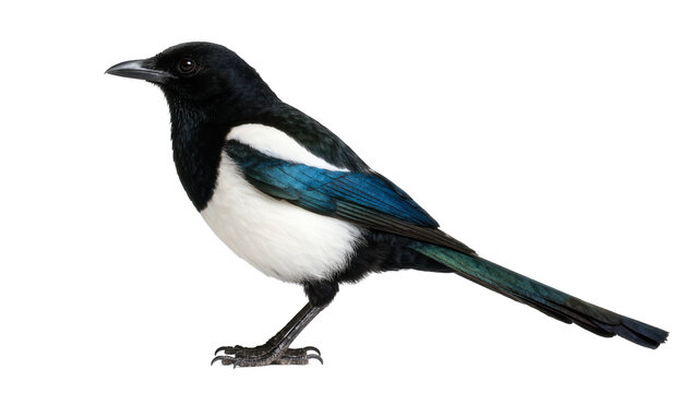 Eurasian magpie with black white and iridescent blue green plumage