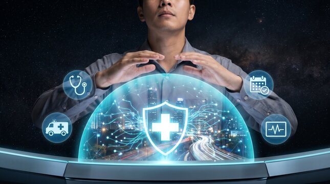 A man's hands form a protective shield over a holographic interface displaying healthcare symbols, symbolizing health security and insurance.