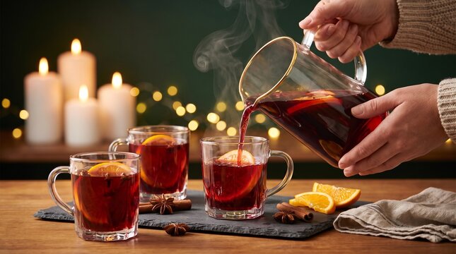 A warm and inviting scene of mulled wine being poured into glasses, surrounded by candles and festive lights. The drink is infused with spices and garnished with orange slices.