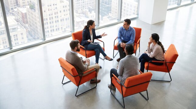 A group of six people sitting in a circle in an office, engaged in a discussion. The room has large windows with a city view