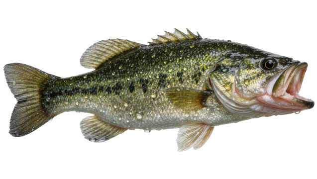 Large green largemouth bass fish with open mouth and water droplets on scales